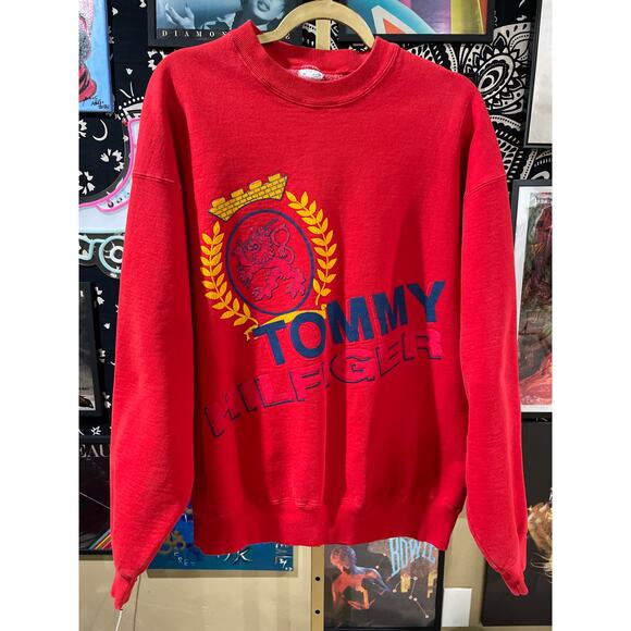 Rare 80s Vintage Tommy Hilfiger Heavyweight Red Crewneck Puff Lettering XL - Picture 1 of 8